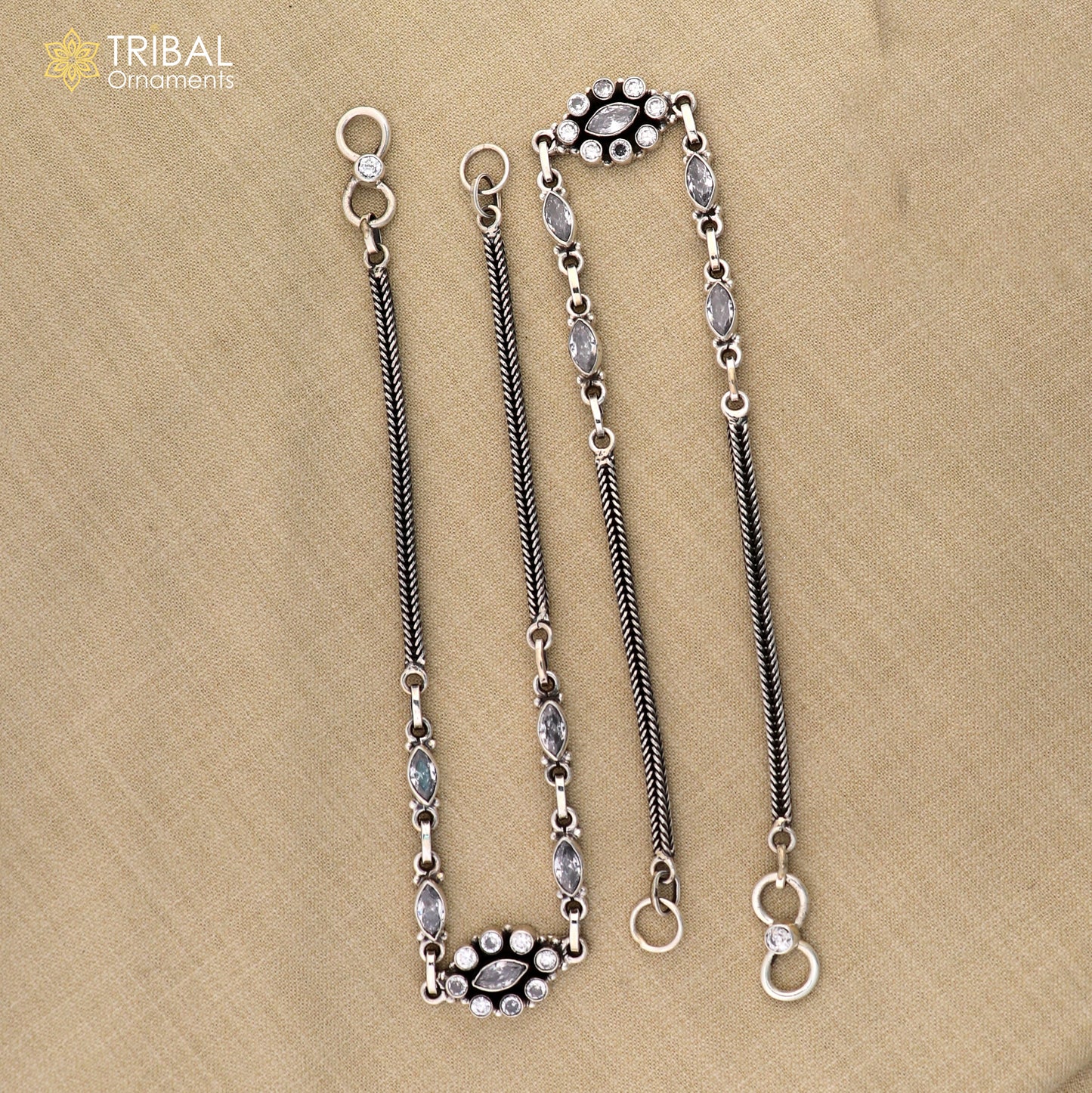 11" 925 sterling silver white stone chain anklets foot bracelet ank725 - TRIBAL ORNAMENTS