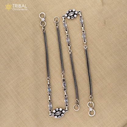 Sterling silver 11-inch chain anklet with white stone accents, stylish foot bracelet by TRIBAL ORNAMENTS.