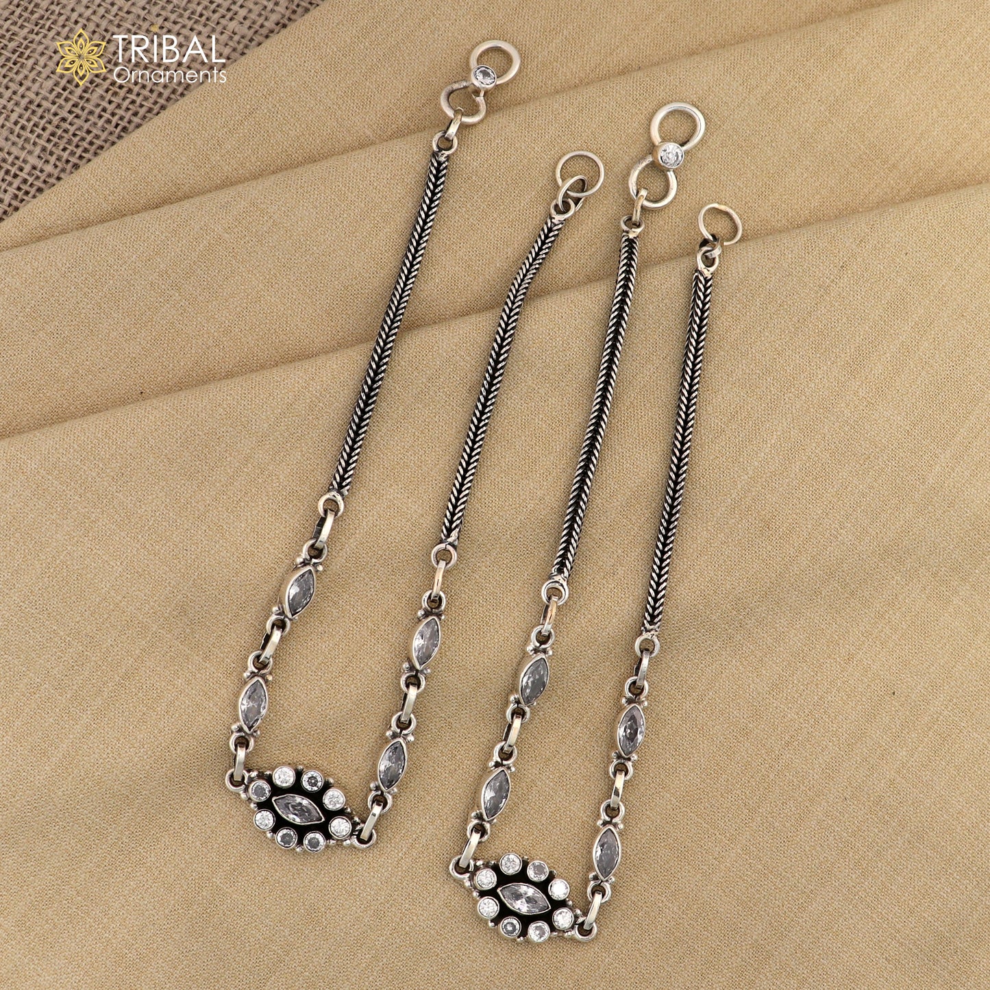 11" 925 sterling silver white stone chain anklets foot bracelet ank725 - TRIBAL ORNAMENTS