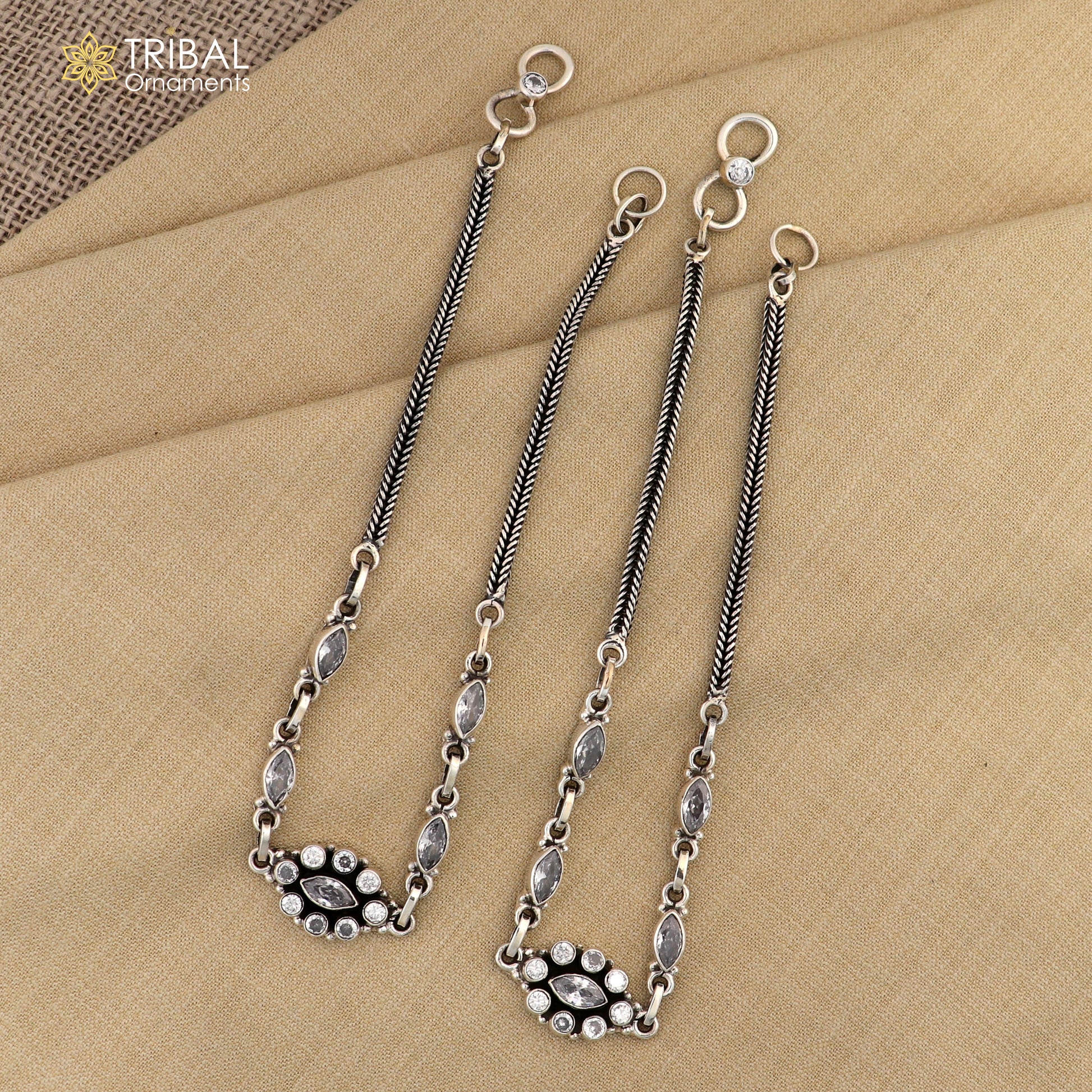 11" 925 sterling silver white stone chain anklets foot bracelet ank725 - TRIBAL ORNAMENTS