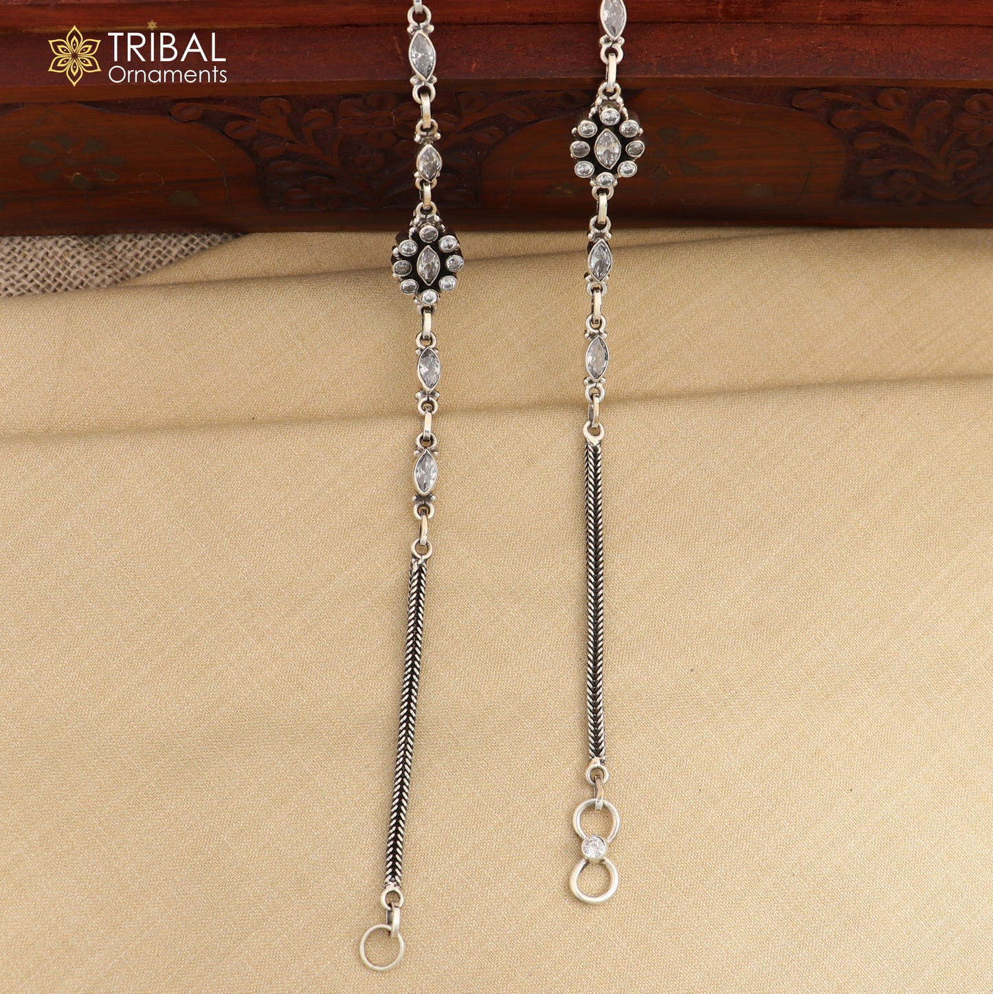 11" 925 sterling silver white stone chain anklets foot bracelet ank725 - TRIBAL ORNAMENTS