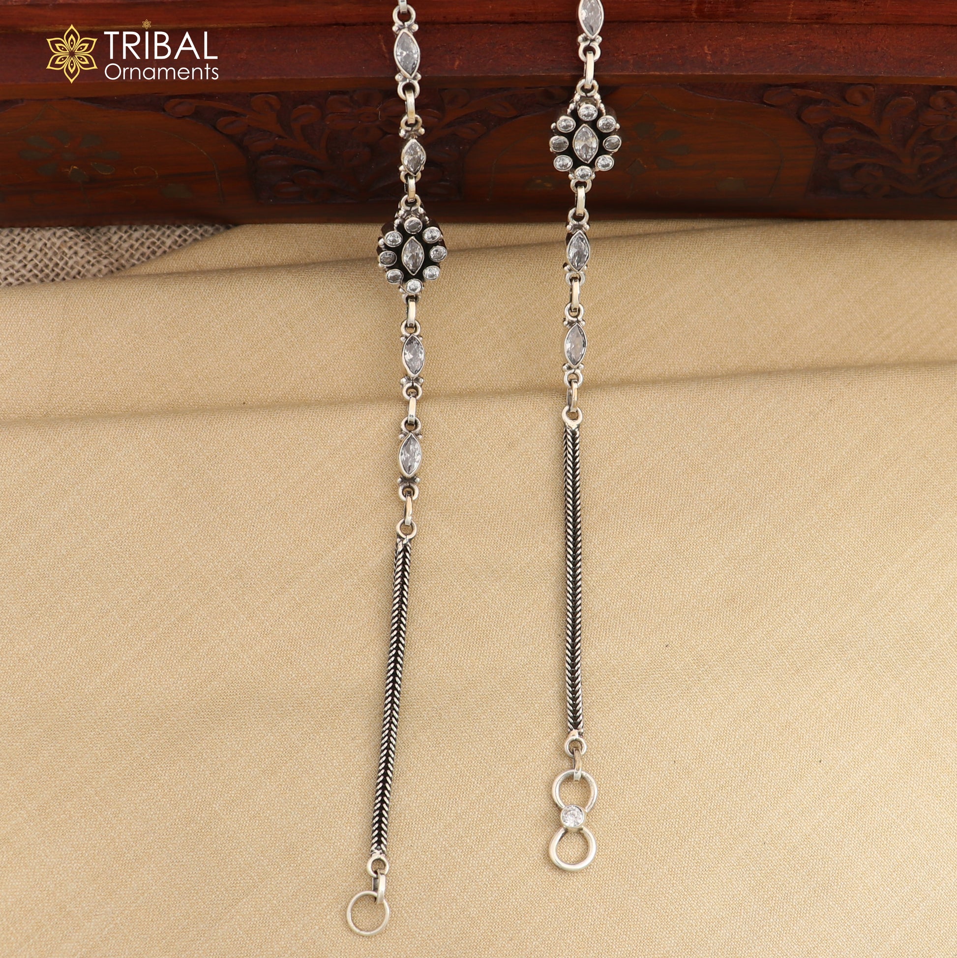 11" 925 sterling silver white stone chain anklets foot bracelet ank725 - TRIBAL ORNAMENTS