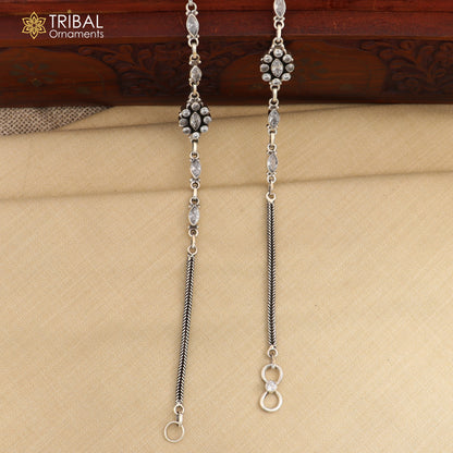 Sterling silver 11-inch chain anklet with white stones from TRIBAL ORNAMENTS, featuring intricate tribal-inspired design.