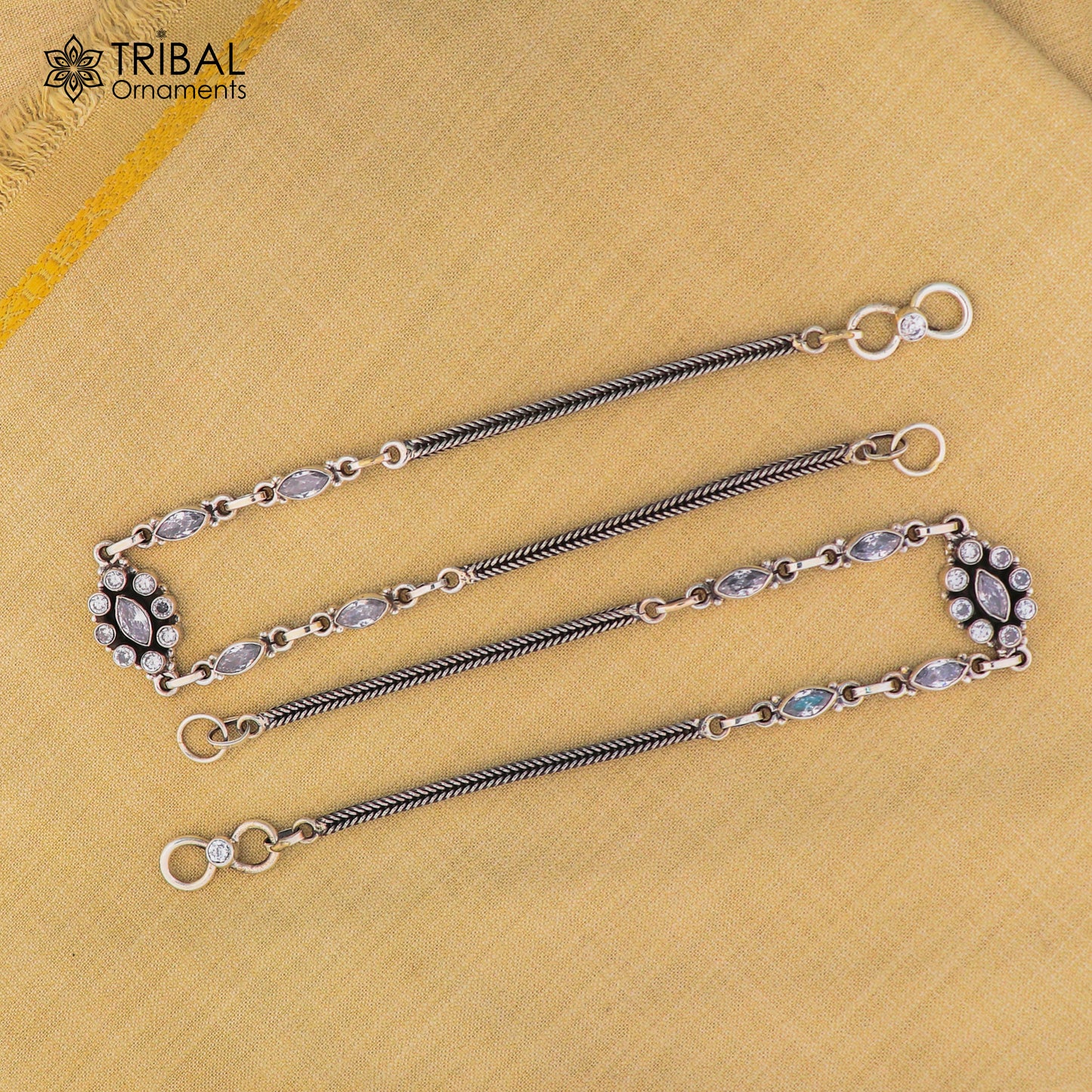 11" 925 sterling silver white stone chain anklets foot bracelet ank725 - TRIBAL ORNAMENTS