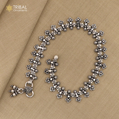 925 sterling silver tribal anklet with hanging bells, intricate antique design, perfect for belly dance or ethnic foot jewelry.