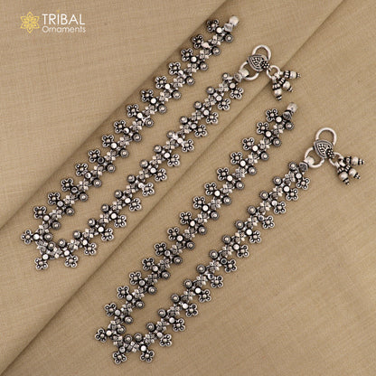 925 sterling silver tribal anklet with hanging bells, antique design, foot bracelet for belly dance, ethnic tribal jewelry.