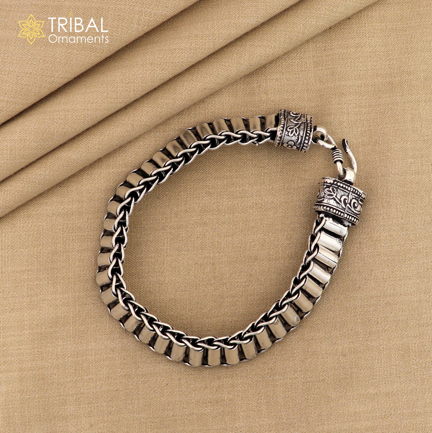 11mm 925 sterling silver Rolar bracelet chain by Tribal Ornaments, flexible men's jewelry with traditional Rajasthan design.