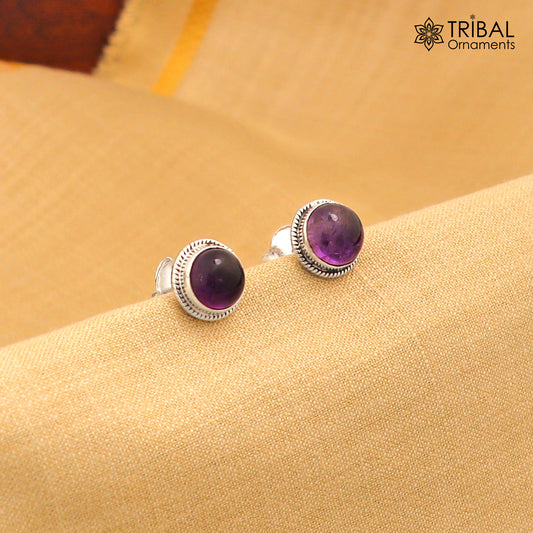 11MM round 925 sterling silver fabulous amethyst stone stud earrings, best unisex jewelry fancy earrings daily use jewelry collection s1220 - TRIBAL ORNAMENTS