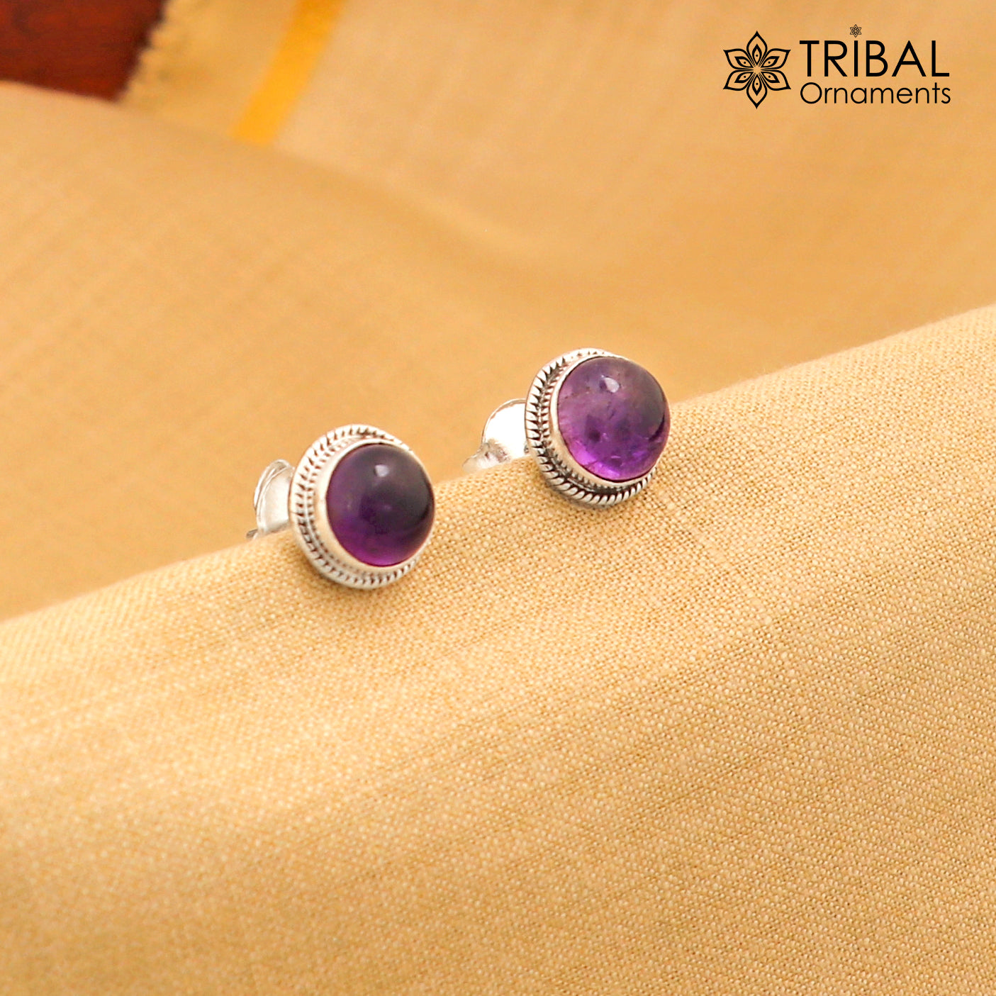 11mm round sterling silver stud earrings with vibrant amethyst stones, unisex jewelry by TRIBAL ORNAMENTS, perfect for daily wear