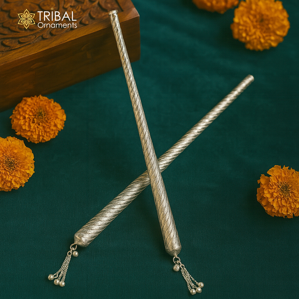 12.5 inches Vintage design handmade sterling silver Dandiya sticks, best gifting lord krishna, Dandiya Garba Ras accessories puja art su453 - TRIBAL ORNAMENTS