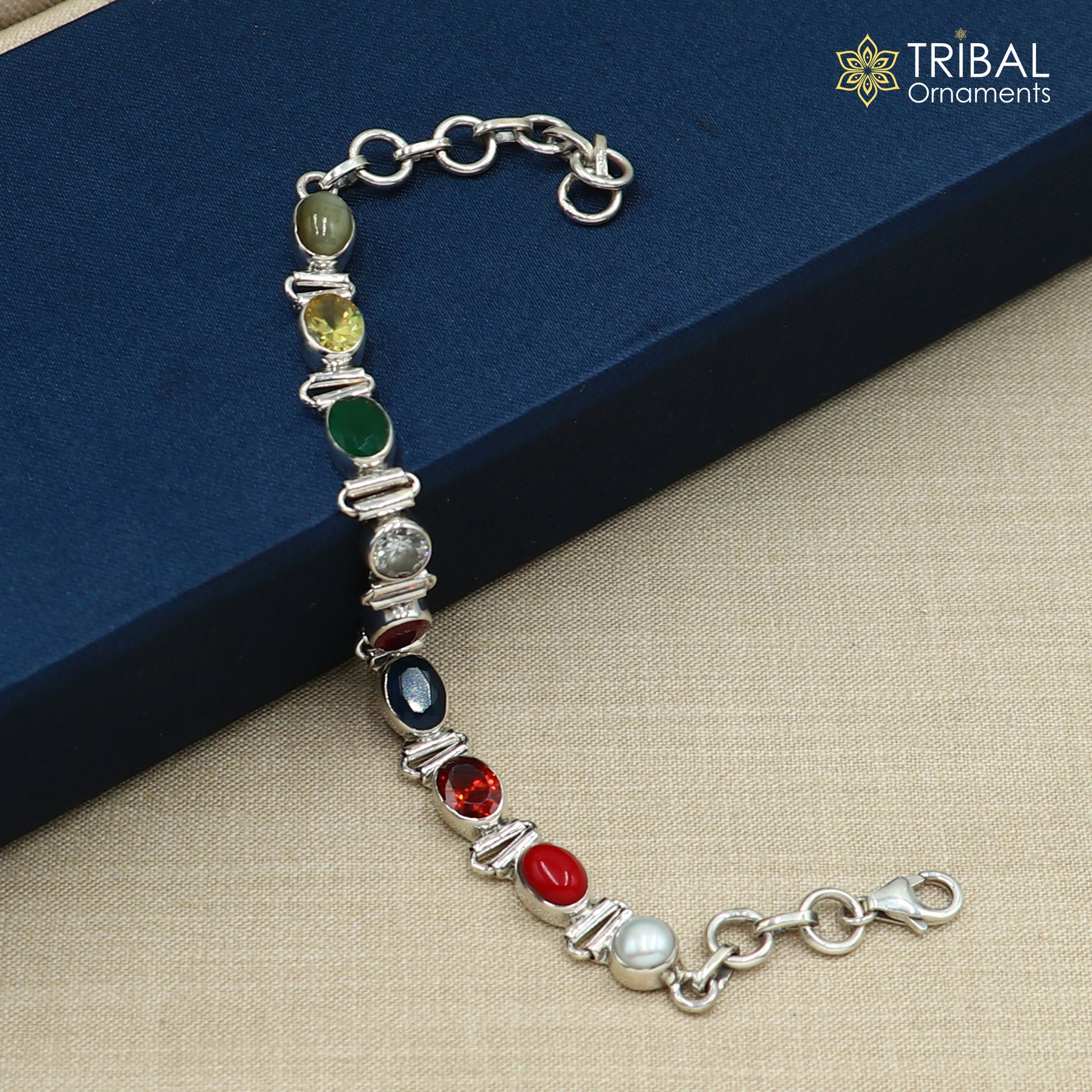 14 gm 925 sterling silver handmade Navratan stone unisex stone bracelet sbr769 - TRIBAL ORNAMENTS