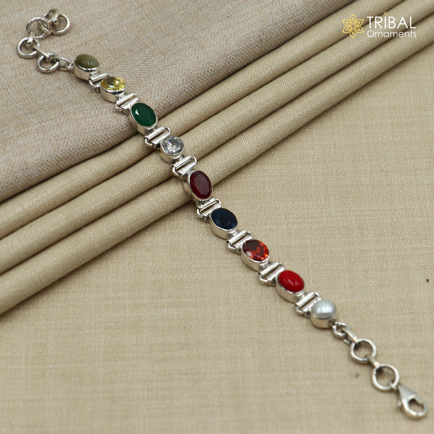 14 gm 925 sterling silver handmade Navratan stone unisex stone bracelet sbr769 - TRIBAL ORNAMENTS