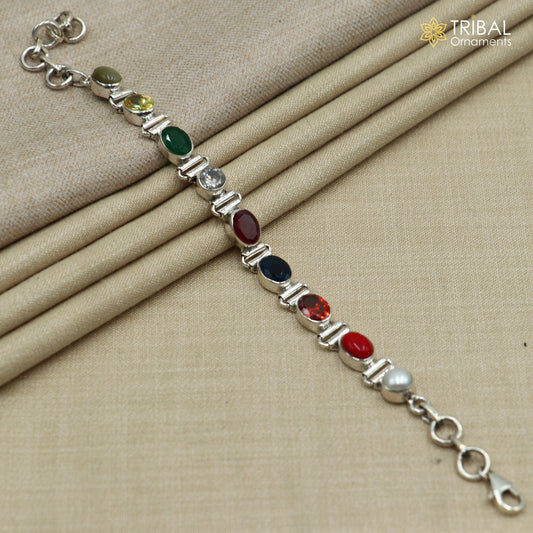 14 gm 925 sterling silver handmade Navratan stone unisex stone bracelet sbr769 - TRIBAL ORNAMENTS
