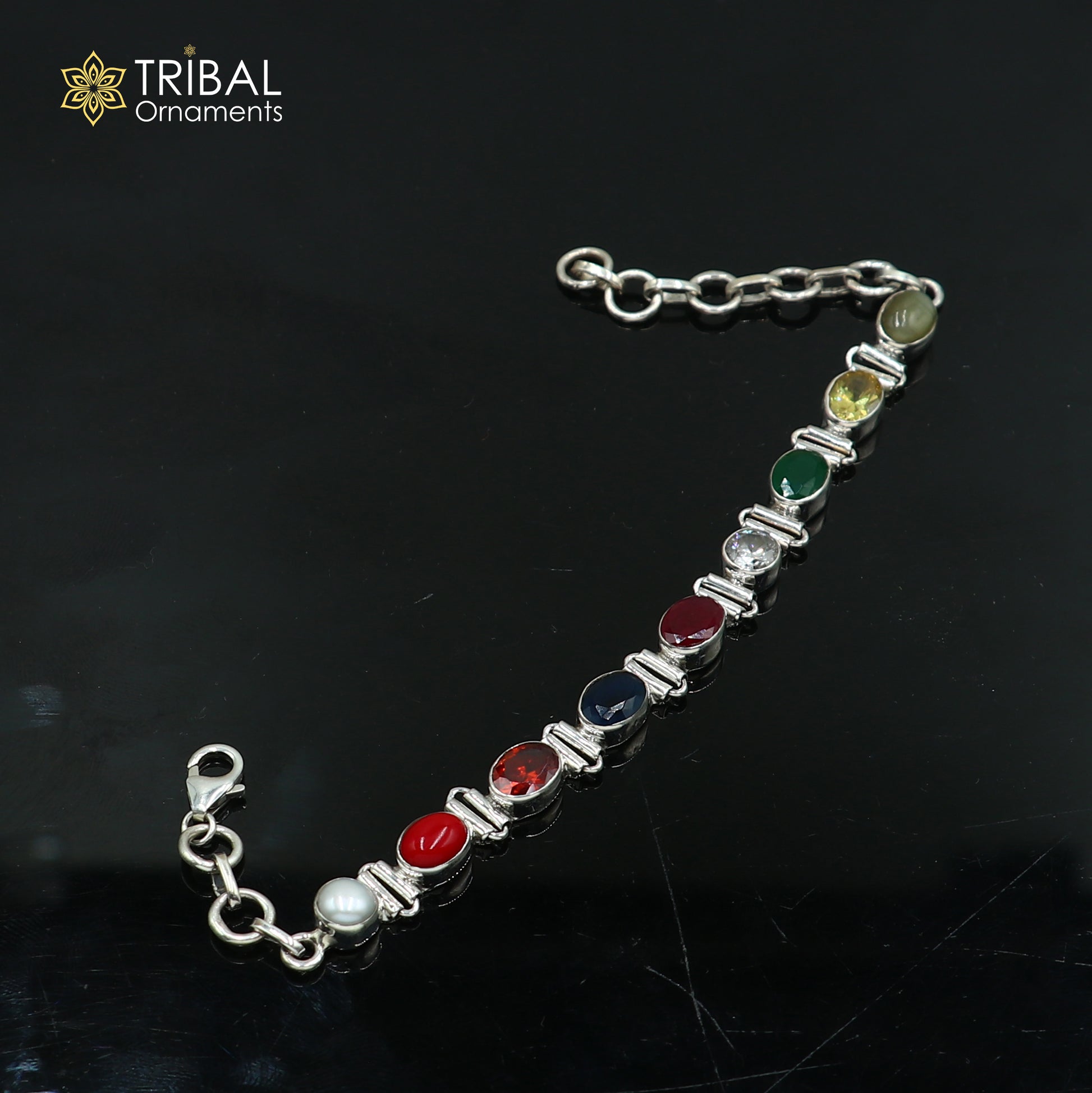 14 gm 925 sterling silver handmade Navratan stone unisex stone bracelet sbr769 - TRIBAL ORNAMENTS