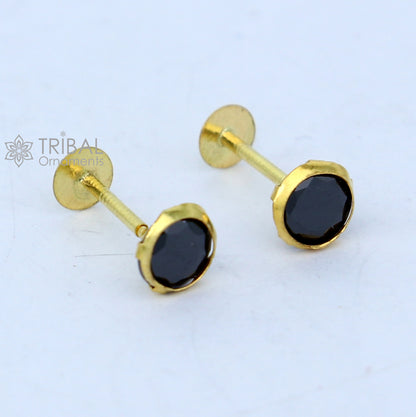 14K yellow gold black diamond stud earring for unisex, showcasing a sleek design with sparkling black diamonds by TRIBAL ORNAMENTS