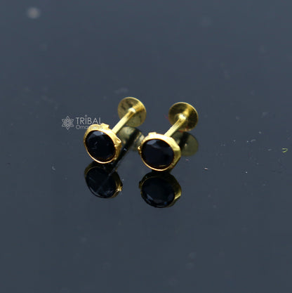 14K yellow gold black diamond stud earring for unisex, featuring a sleek design by Tribal Ornaments.
