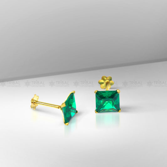 14Kt yellow gold green diamond stud earring for unisex er200 - TRIBAL ORNAMENTS