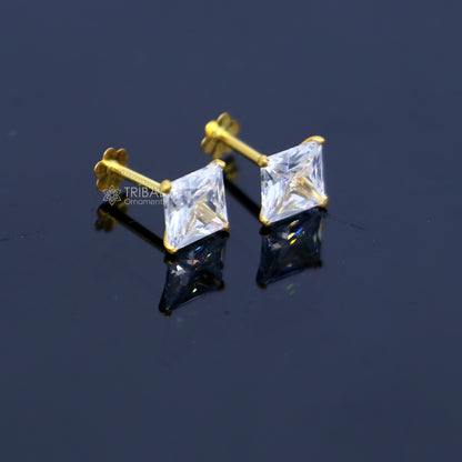 14K yellow gold and white diamond stud earring for unisex, featuring a sleek, elegant design by TRIBAL ORNAMENTS.