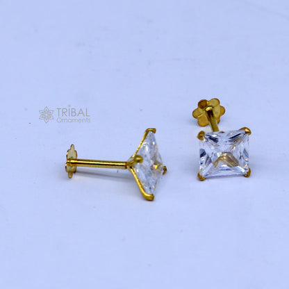 14K yellow gold and white diamond unisex stud earring by Tribal Ornaments, showcasing a sleek and elegant jewelry design.