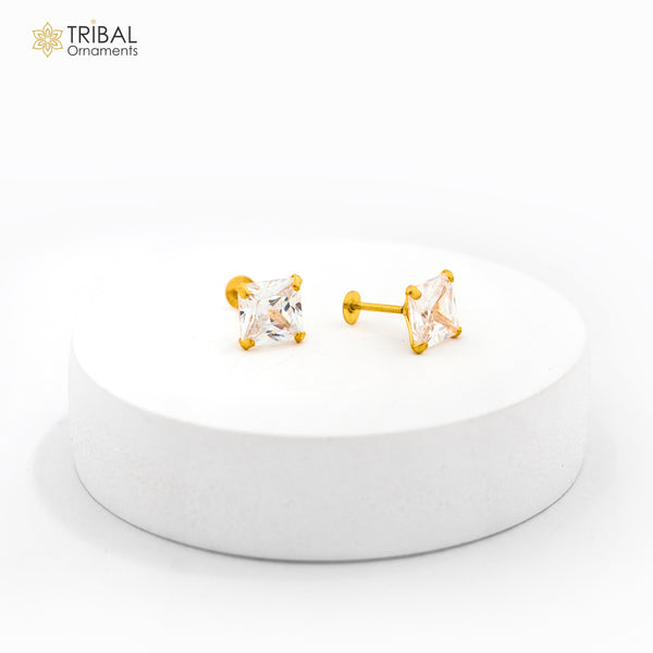 14Kt yellow gold white diamond stud earring for unisex by TRIBAL ORNAMENTS featuring a sparkling diamond design