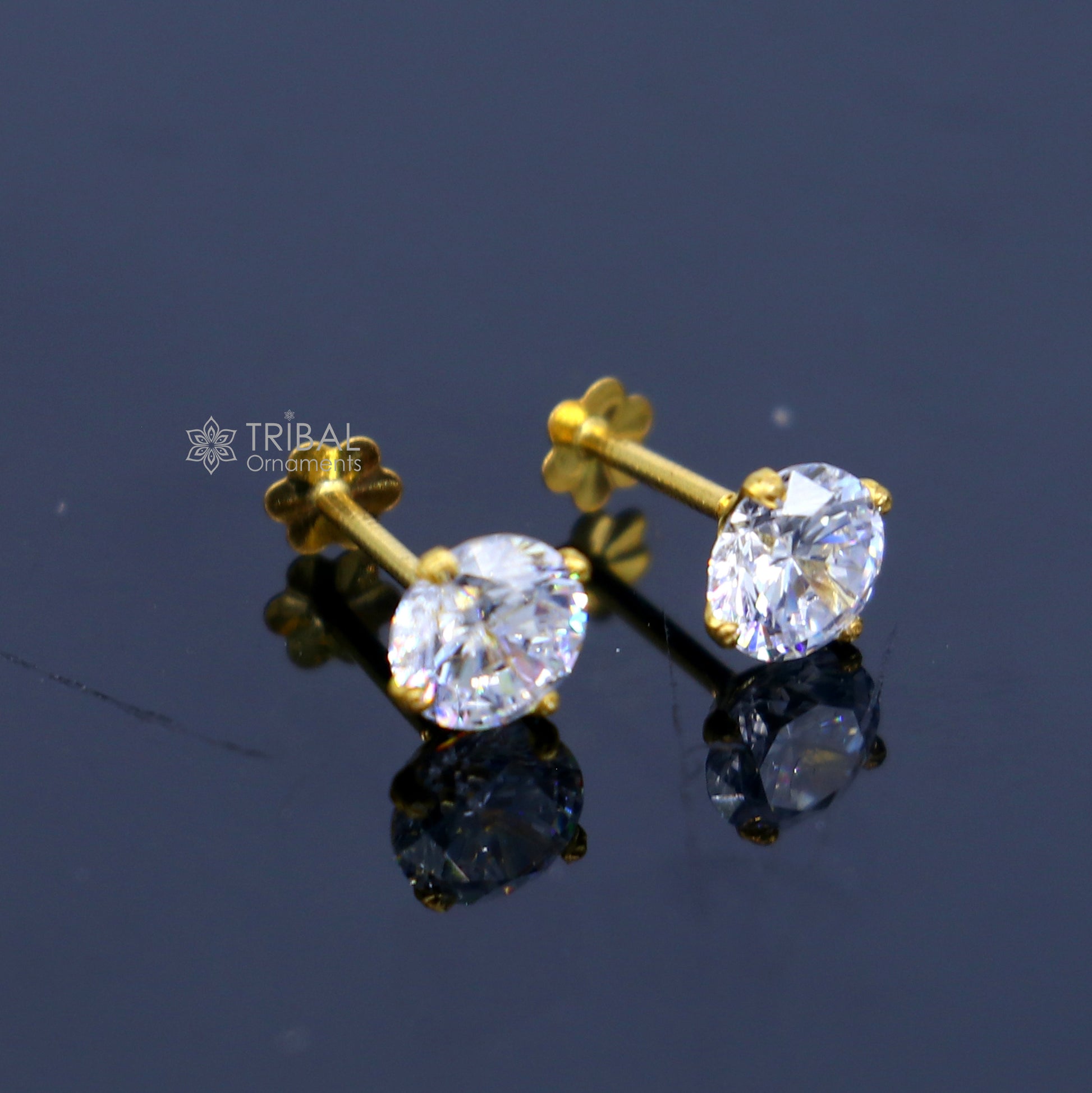 14Kt yellow gold white diamond stud earring for unisex er198 - TRIBAL ORNAMENTS