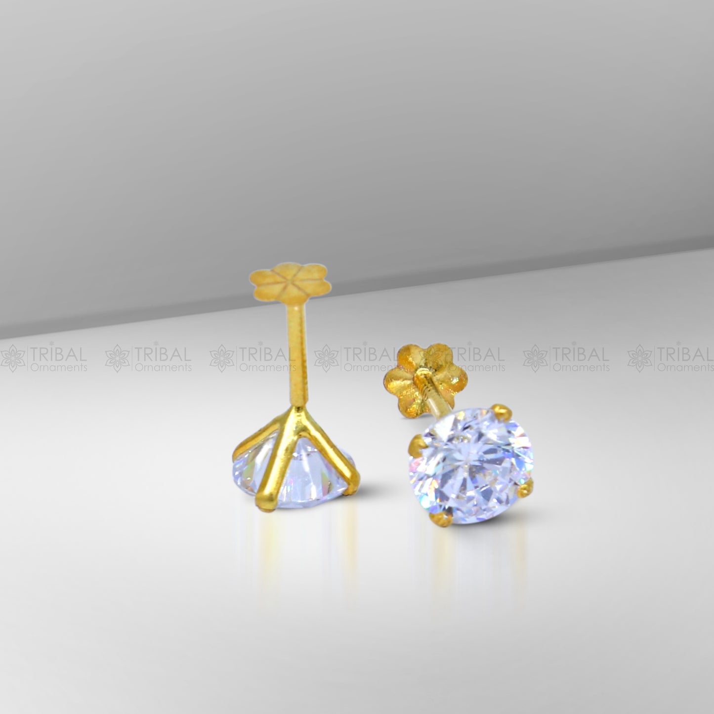 14Kt yellow gold white diamond stud earring for unisex er198 - TRIBAL ORNAMENTS
