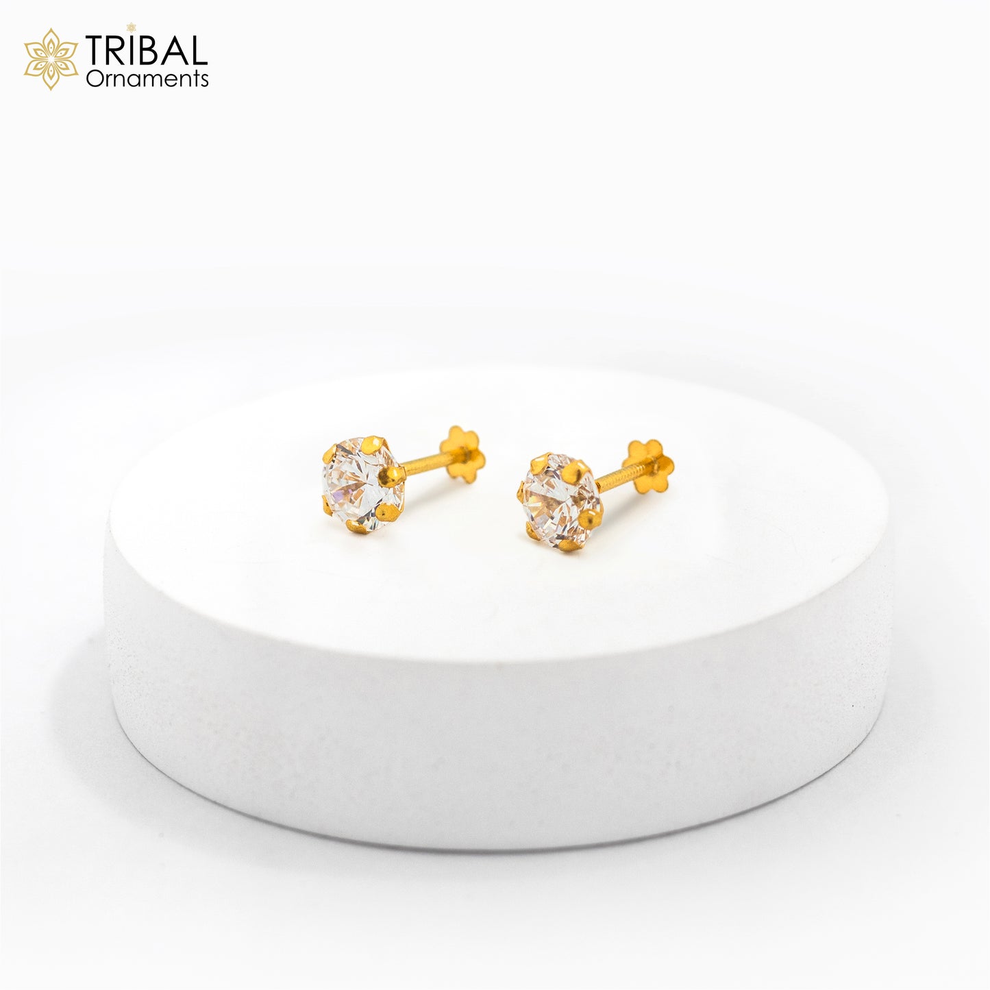 14Kt yellow gold white diamond stud earring for unisex er198 - TRIBAL ORNAMENTS