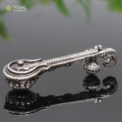 Sterling silver Saraswati Veena musical instrument for Goddess Sharda, handcrafted silver puja article for Hindu temple worship.