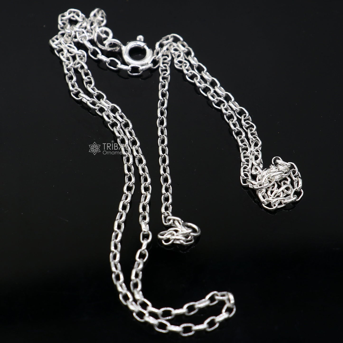 Sterling silver 1.5mm Rolo chain for kids, trendy bright silver style, suitable for boys and girls, handmade by Tribal Ornaments.