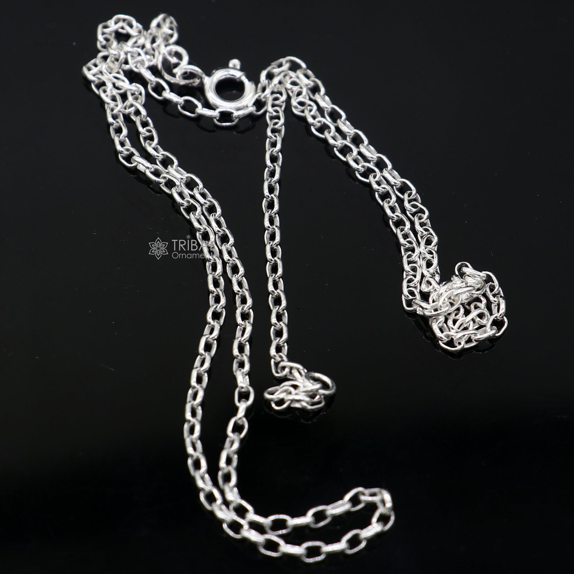 Sterling silver 1.5mm Rolo chain for kids, trendy bright silver style, suitable for boys and girls, handmade by Tribal Ornaments.