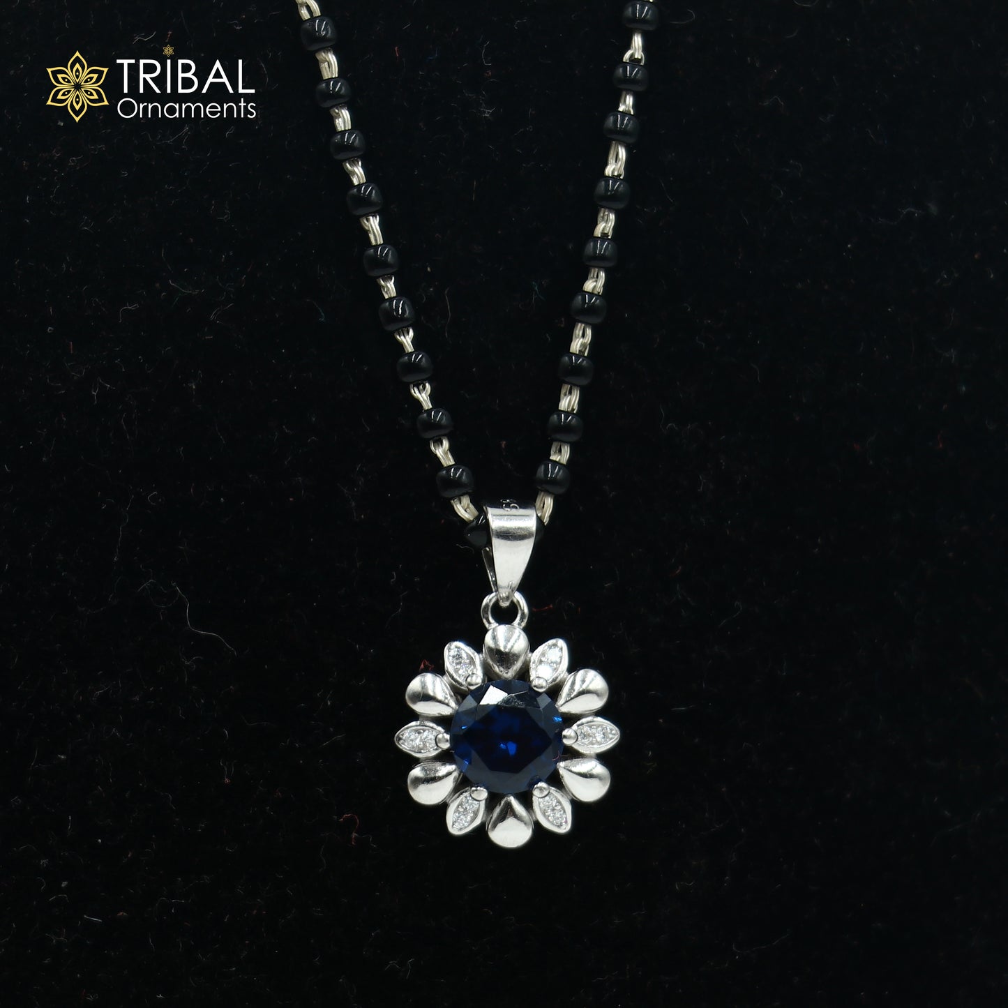 18 inches 925 sterling silver blue stone pendant mangalsutra with earring ms156 - TRIBAL ORNAMENTS