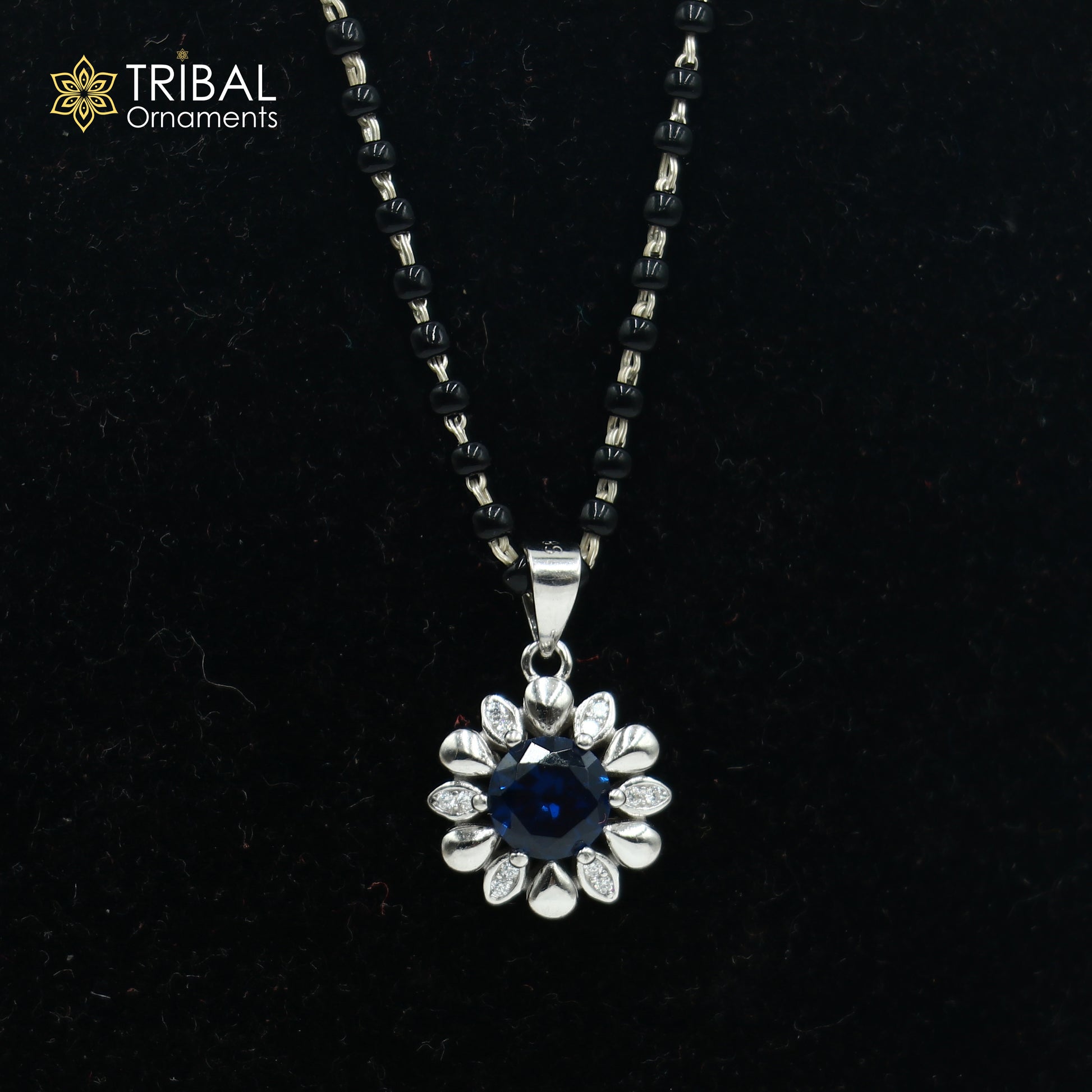 18 inches 925 sterling silver blue stone pendant mangalsutra with earring ms156 - TRIBAL ORNAMENTS