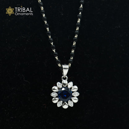 18 inches 925 sterling silver blue stone pendant mangalsutra with earring ms156 - TRIBAL ORNAMENTS