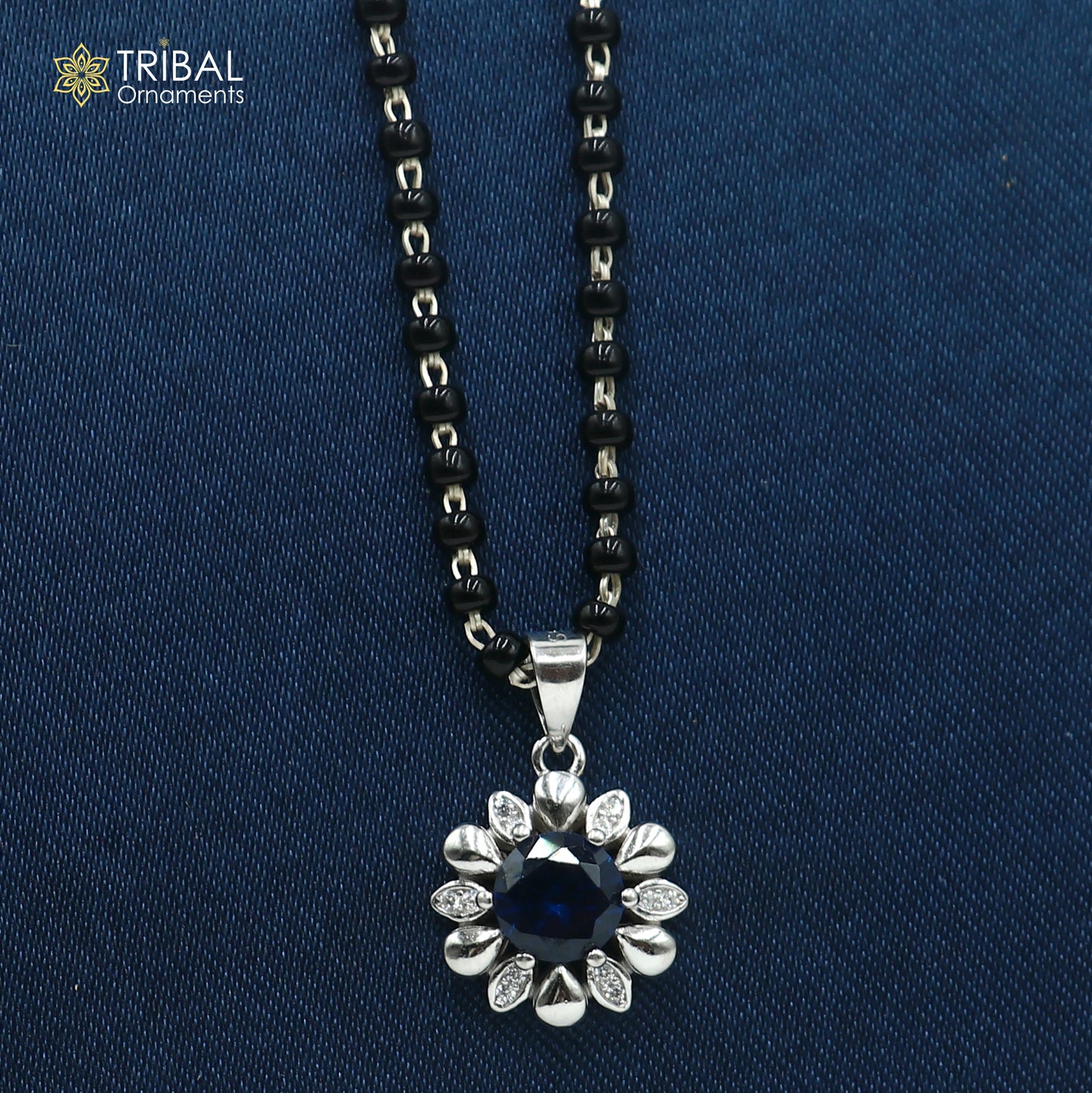 18 inches 925 sterling silver blue stone pendant mangalsutra with earring ms156 - TRIBAL ORNAMENTS