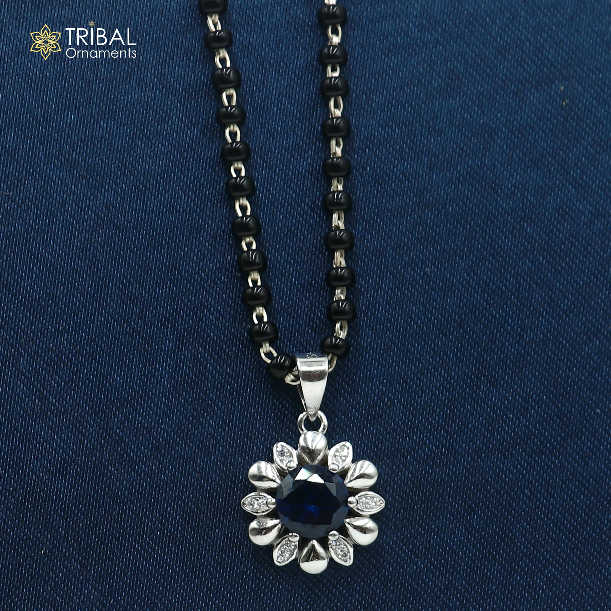 18 inches 925 sterling silver blue stone pendant mangalsutra with earring ms156 - TRIBAL ORNAMENTS