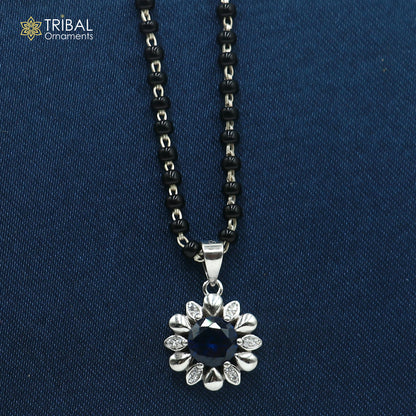 18 inches 925 sterling silver blue stone pendant mangalsutra with earring ms156 - TRIBAL ORNAMENTS