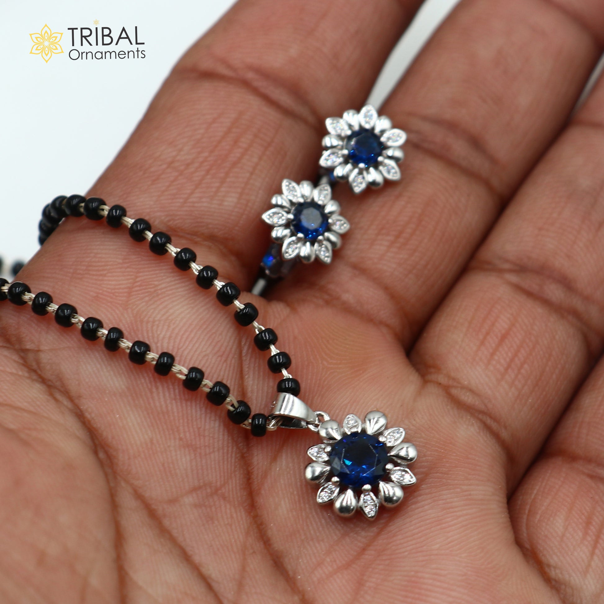 18 inches 925 sterling silver blue stone pendant mangalsutra with earring ms156 - TRIBAL ORNAMENTS