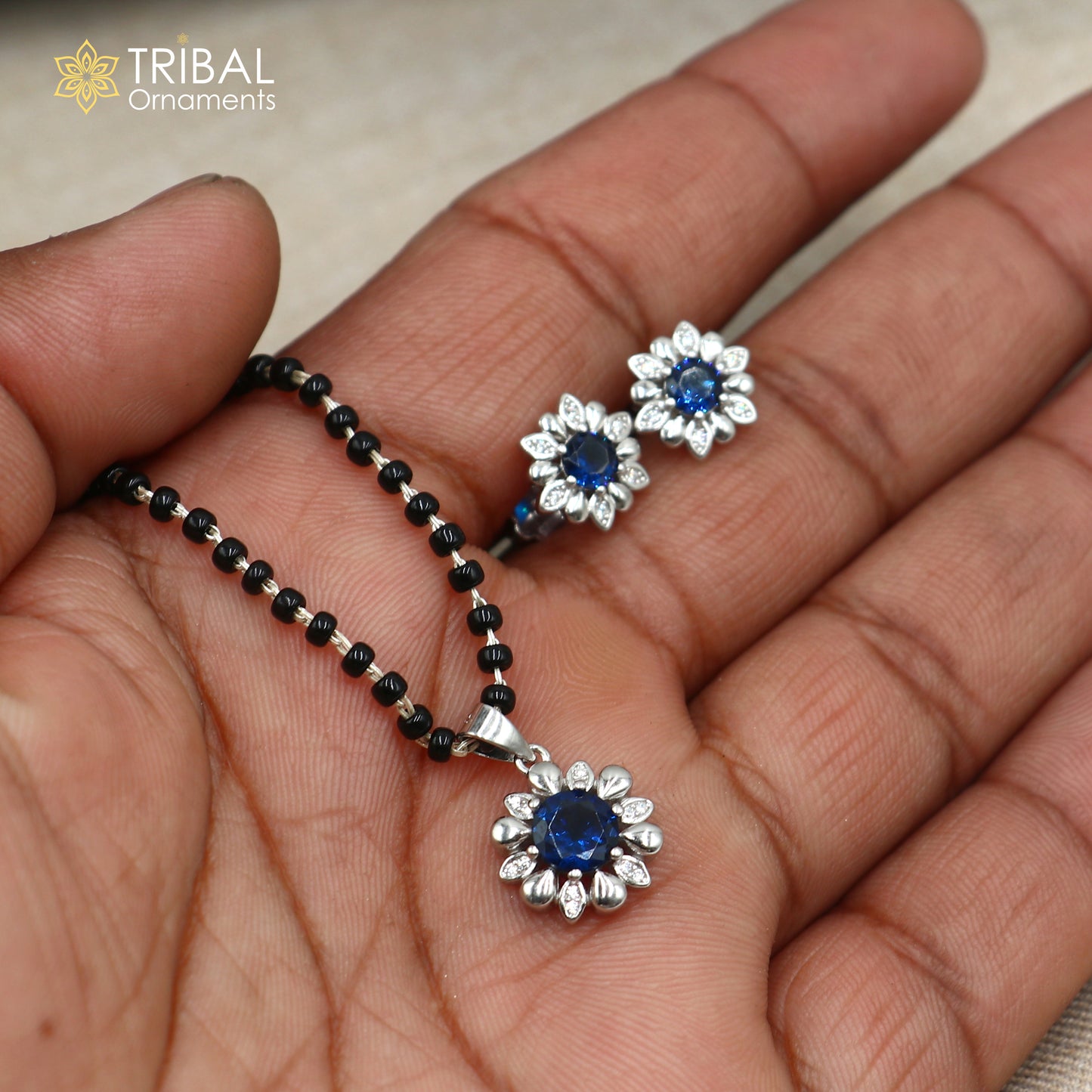 18 inches 925 sterling silver blue stone pendant mangalsutra with earring ms156 - TRIBAL ORNAMENTS