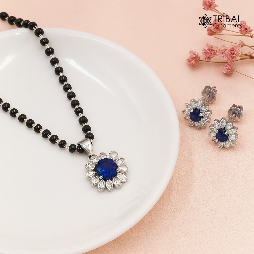 18 inches 925 sterling silver blue stone pendant mangalsutra with earring ms156 - TRIBAL ORNAMENTS