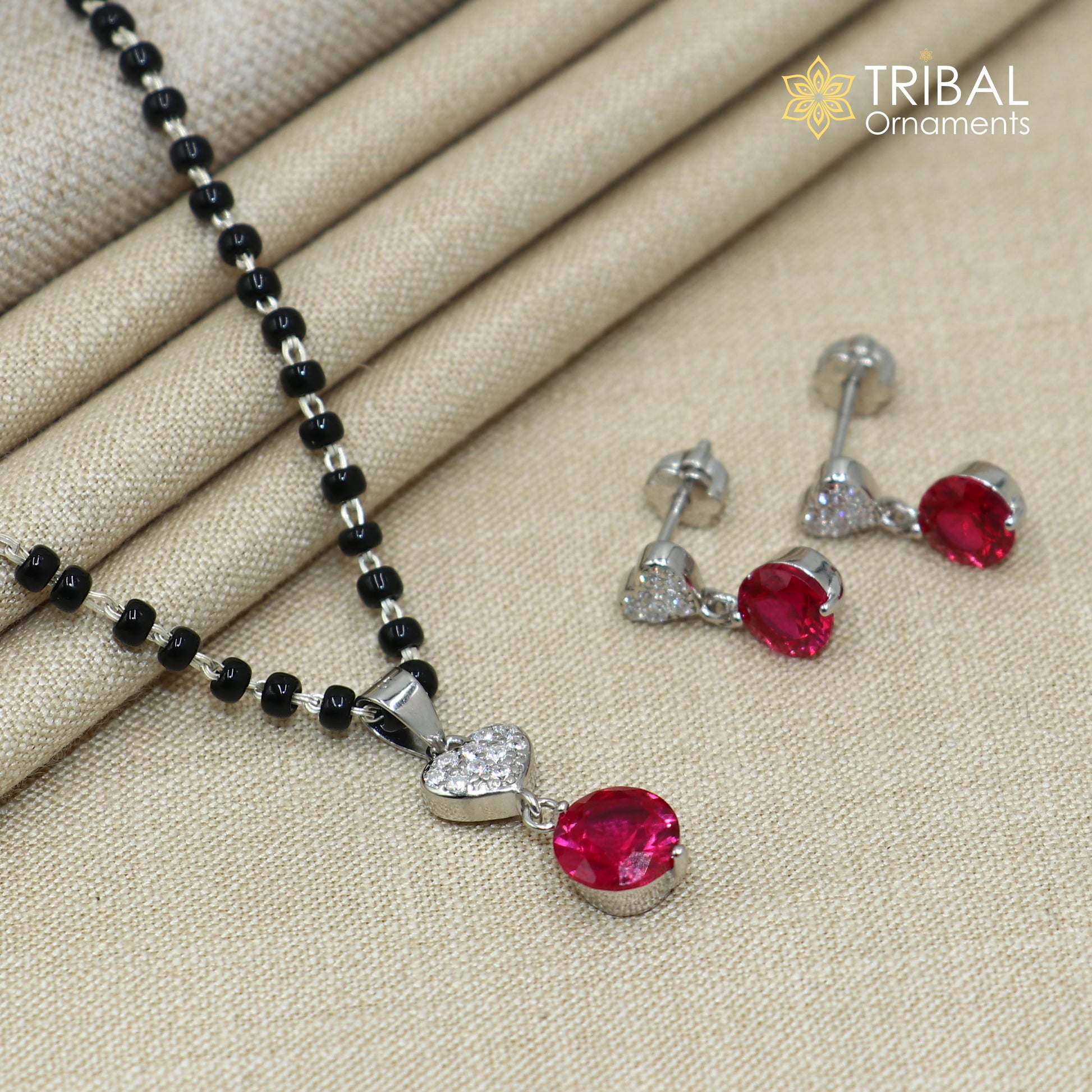 18 inches 925 sterling silver heart shape pink stone mangalsutra with earring  ms155 - TRIBAL ORNAMENTS