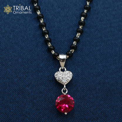 18 inches 925 sterling silver heart shape pink stone mangalsutra with earring  ms155 - TRIBAL ORNAMENTS