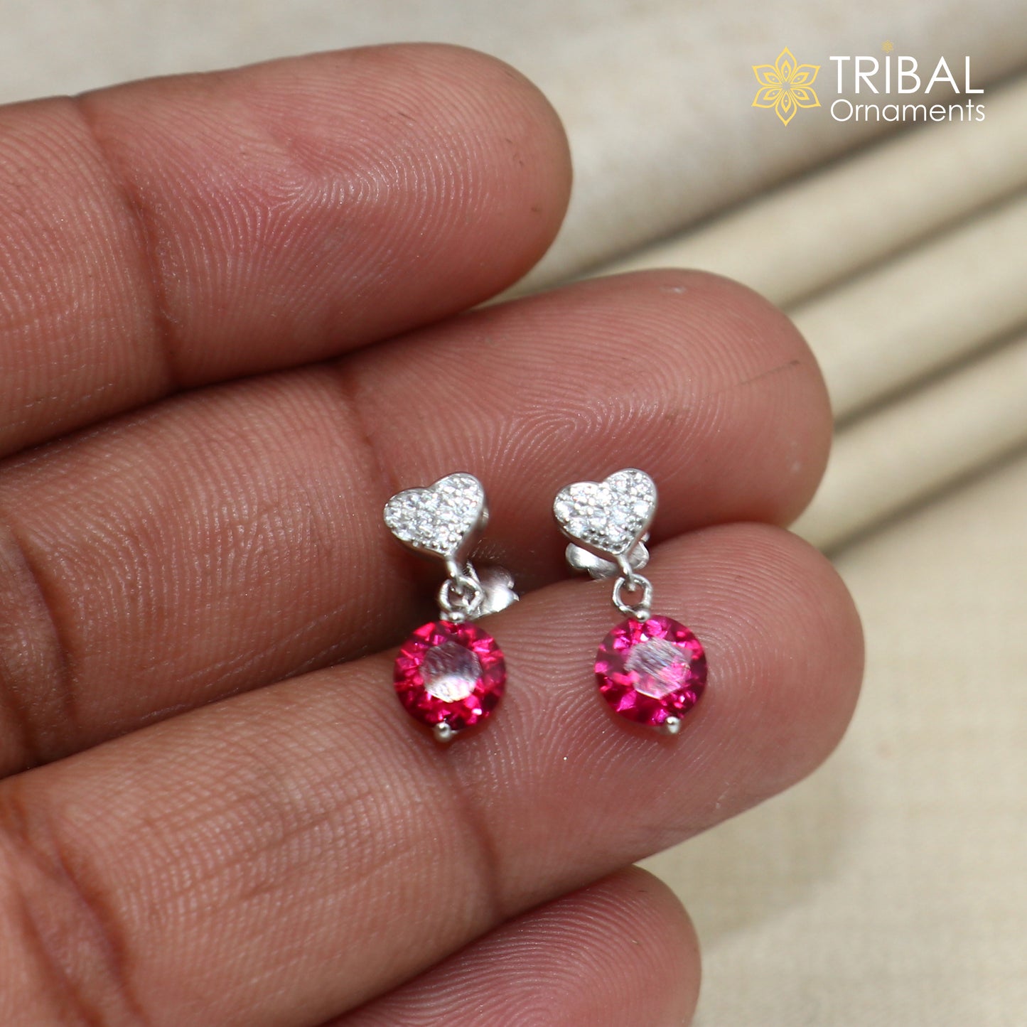 18 inches 925 sterling silver heart shape pink stone mangalsutra with earring  ms155 - TRIBAL ORNAMENTS