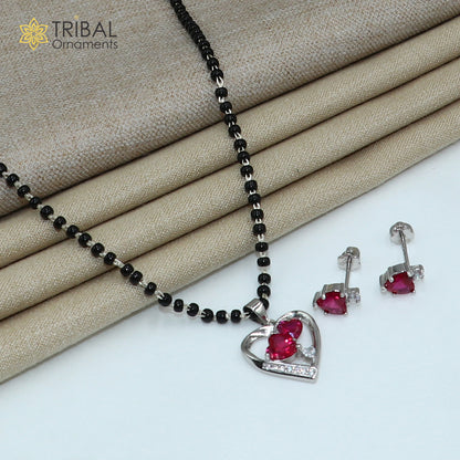 18 inches 925 sterling silver pink stone heart shape mangalsutra with earring ms153 - TRIBAL ORNAMENTS