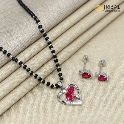 18 inches 925 sterling silver pink stone heart shape mangalsutra with earring ms153 - TRIBAL ORNAMENTS