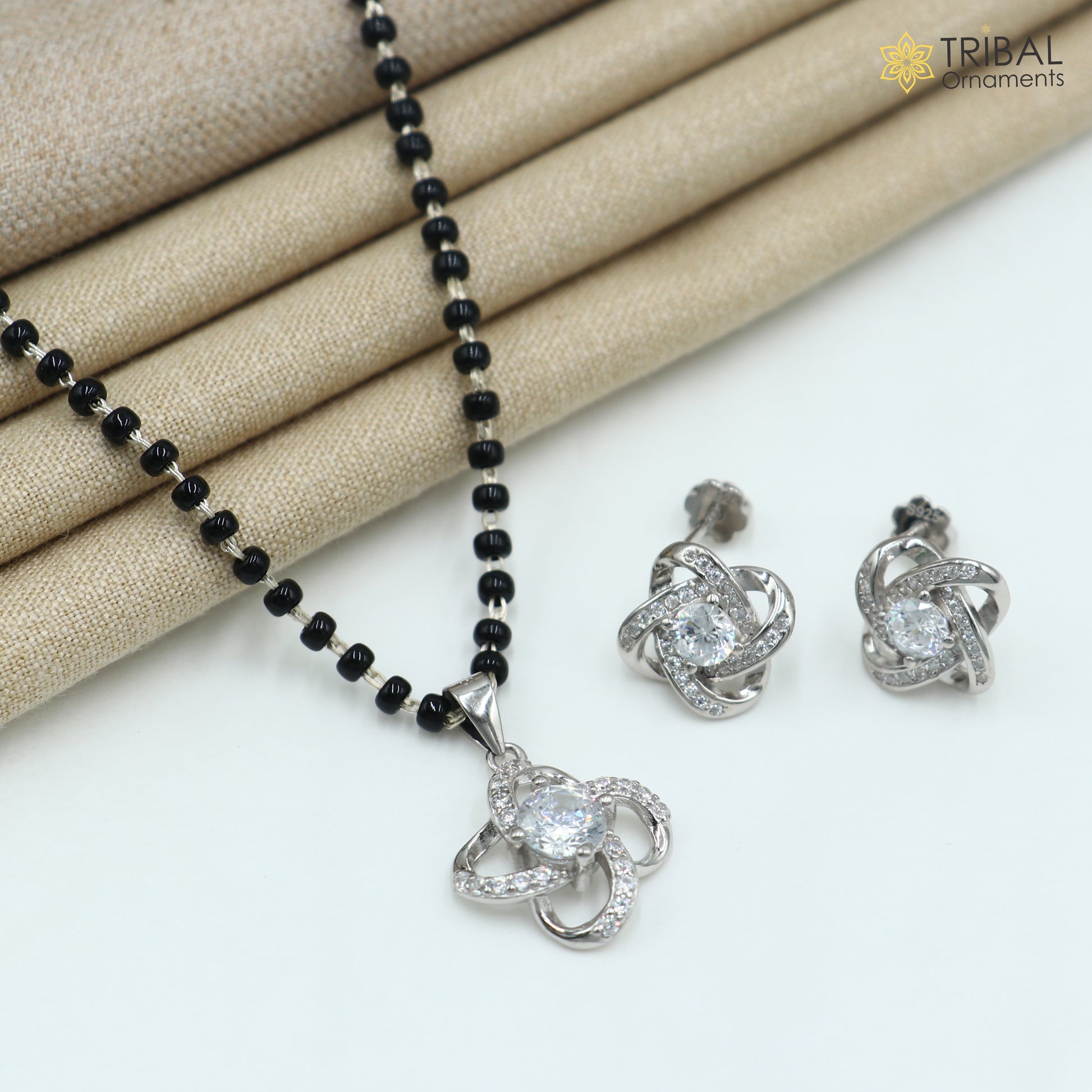 18 inches 925 sterling silver white stone pendant stylish mangalsutra with earring ms157 - TRIBAL ORNAMENTS