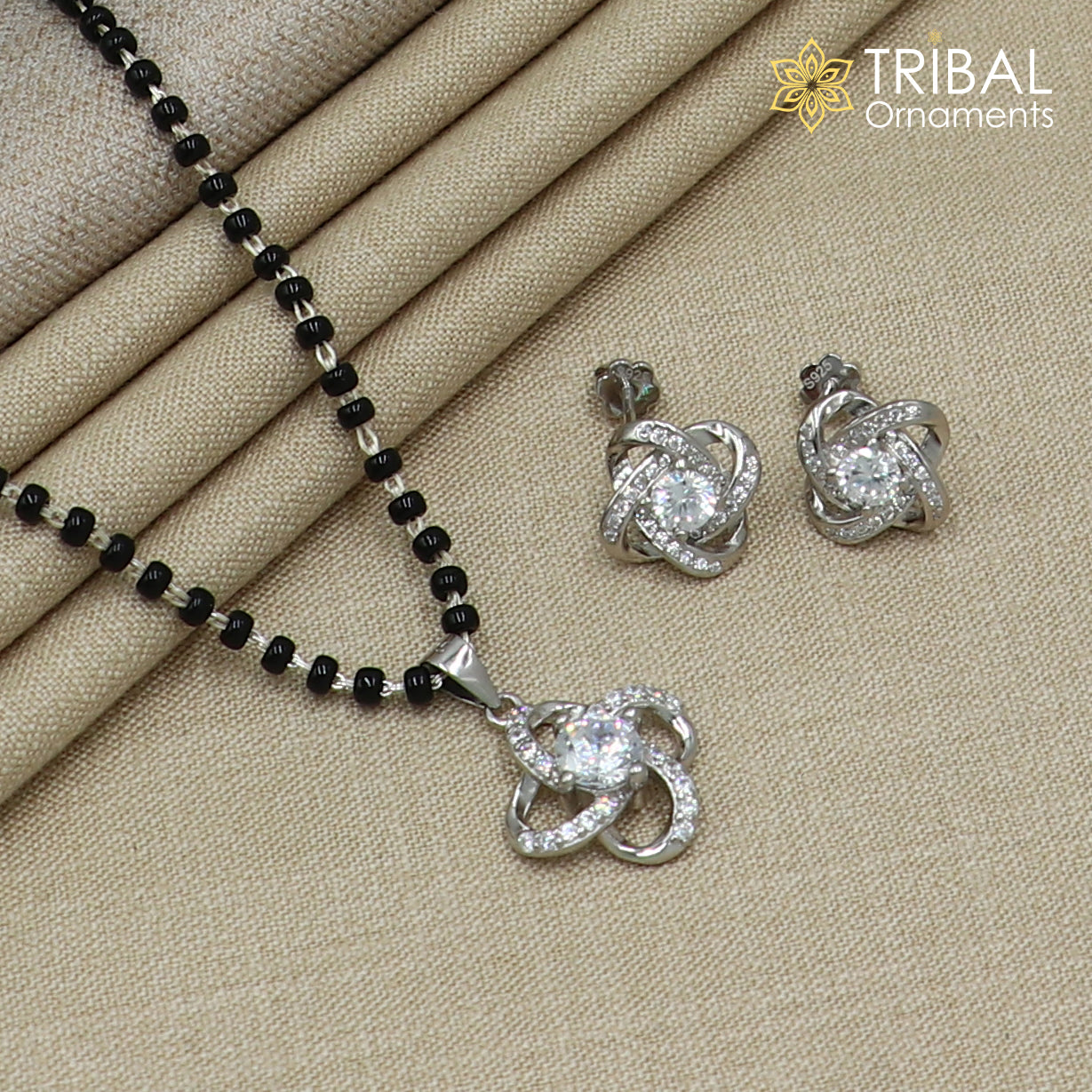 18 inches 925 sterling silver white stone pendant stylish mangalsutra with earring ms157 - TRIBAL ORNAMENTS