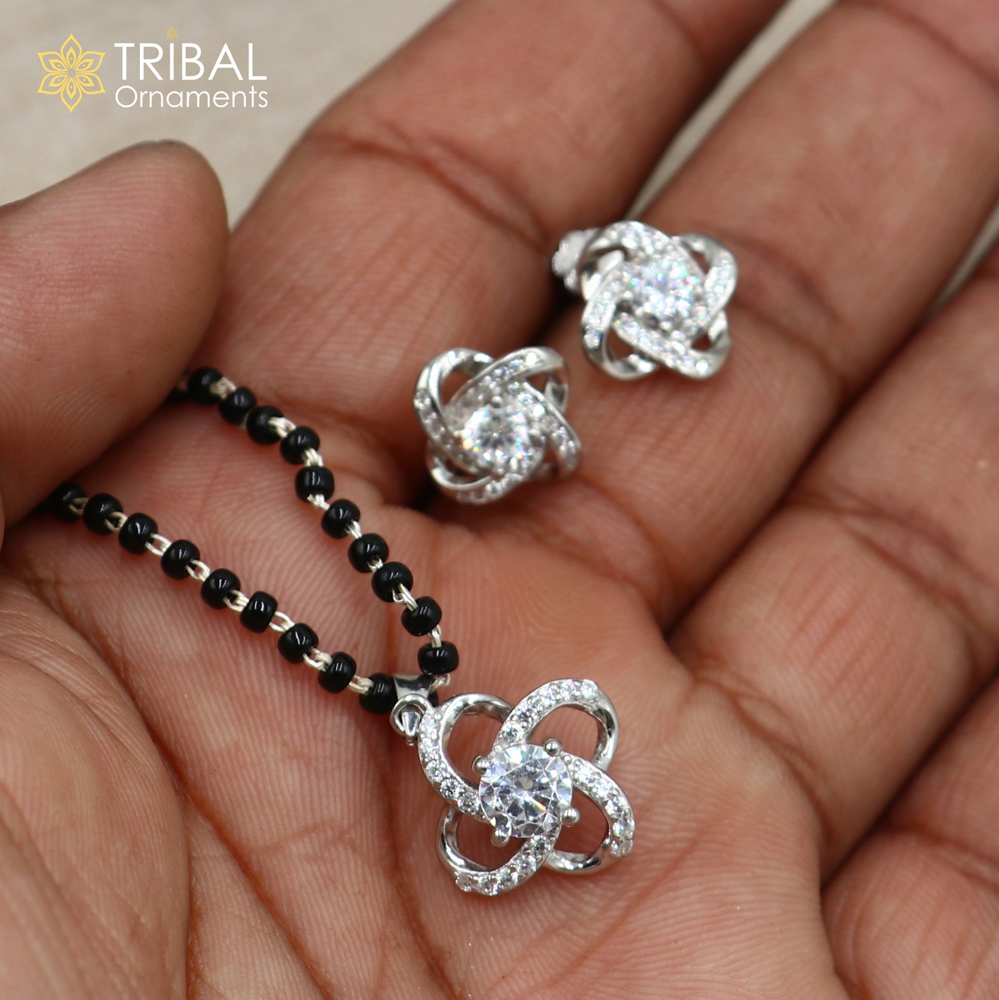 18 inches 925 sterling silver white stone pendant stylish mangalsutra with earring ms157 - TRIBAL ORNAMENTS