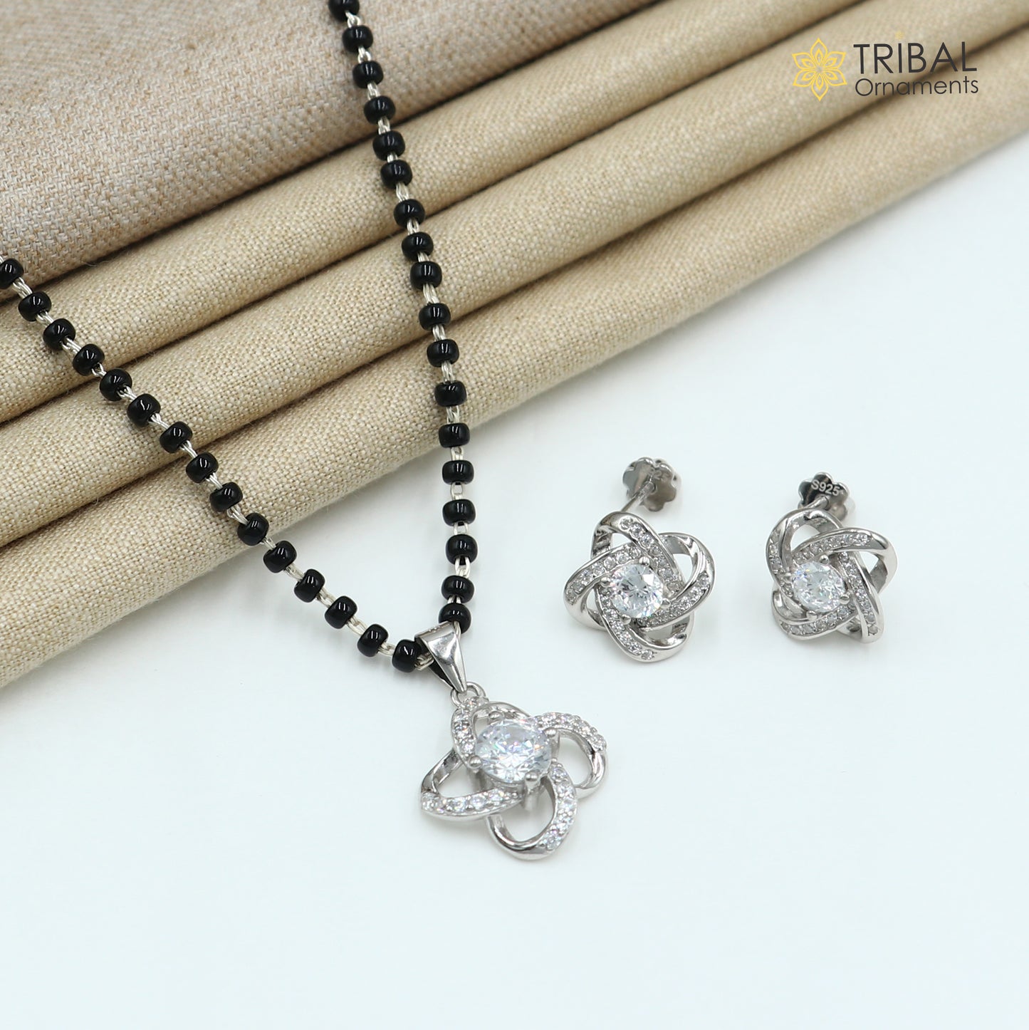 18 inches 925 sterling silver white stone pendant stylish mangalsutra with earring ms157 - TRIBAL ORNAMENTS