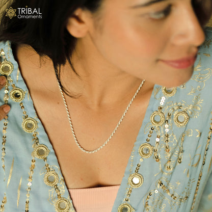 18-inch sterling silver rope chain necklace by TRIBAL ORNAMENTS, plain and bright silver with a trendy style.