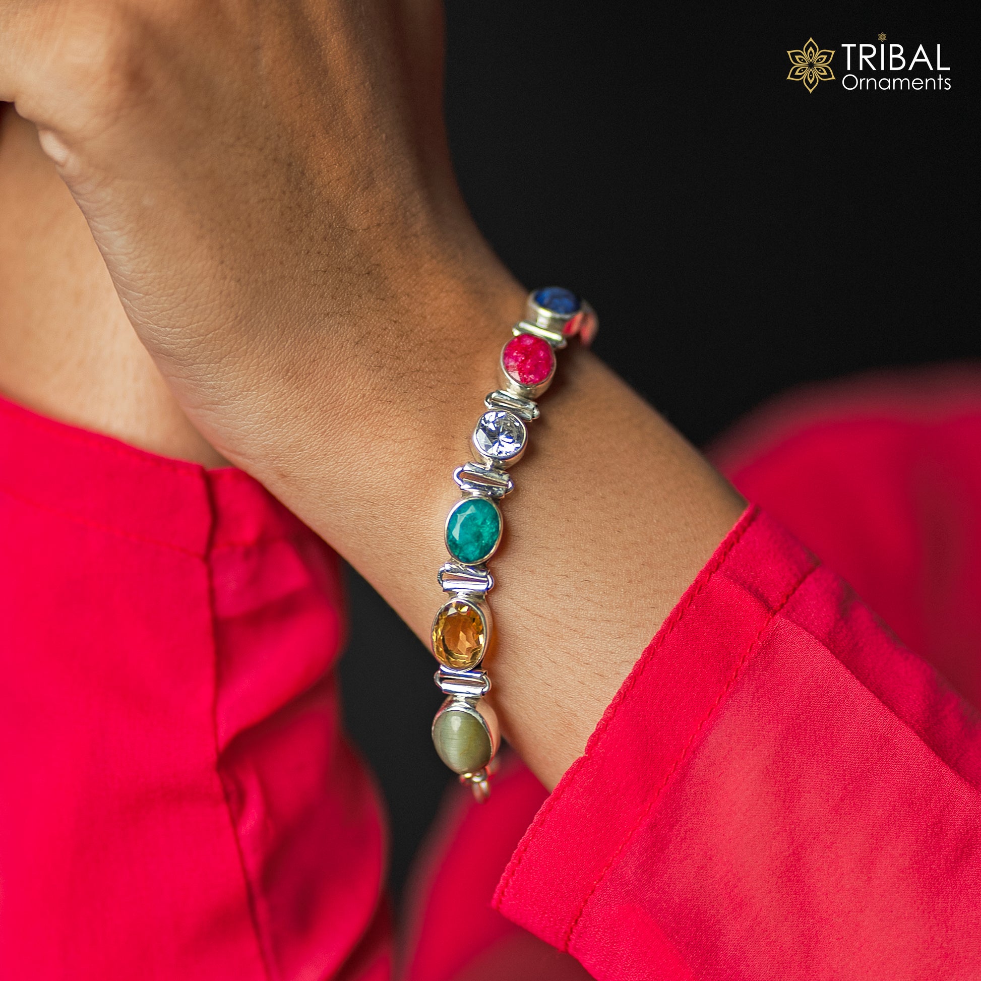 925 sterling silver handmade Navratan stone unisex nine stone bracelet sbr742 - TRIBAL ORNAMENTS